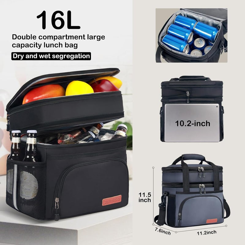 JOINGO Lunch Box For Men/Women,Large Double-layer Insulated Expandable Reusable Leakproof Cooler Bags For Adults,Lunch Bag With Adjustable Shoulder Strap For Office Travel Picnic（Dark Gray） - Image 2